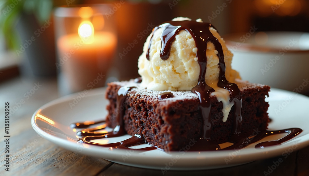 Delicious brownie topped with ice cream and chocolate sauce on a rustic plate with candlelight