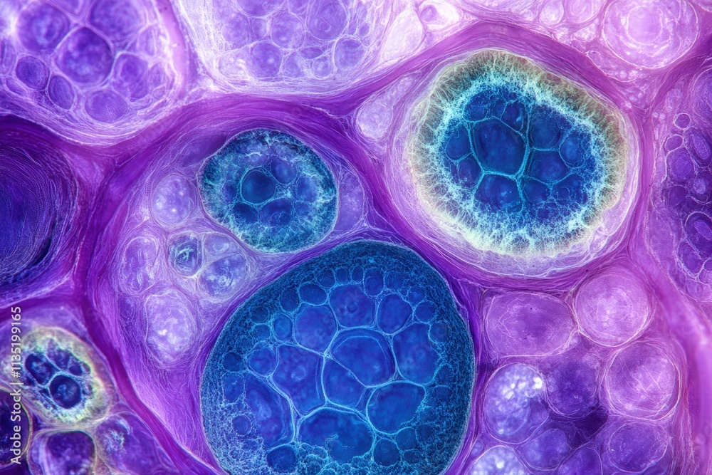 Microscopic view, woody dicot stem cross-section, plant cells, lignin, cell structures clearly visible