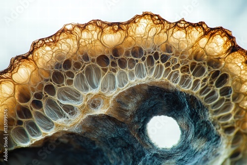 Microscopic view, woody dicot stem cross-section, plant cells, lignin, cell structures clearly visible photo