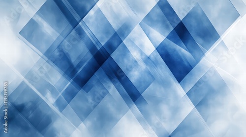 Minimalist abstract background, blue and white, layered transparent shapes, geometric pattern, triangles, diamonds, squares, clean lines