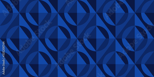 Abstract geometric pattern with interlocking circles and diamonds in shades of blue. Seamless, modern design for wallpapers, textiles, packaging, web backgrounds, or digital art projects.