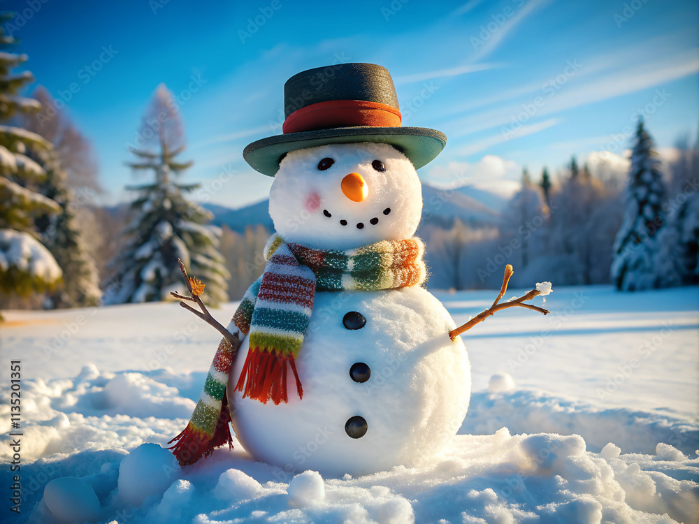 Obraz premium A snowman with a red hat and a scarf