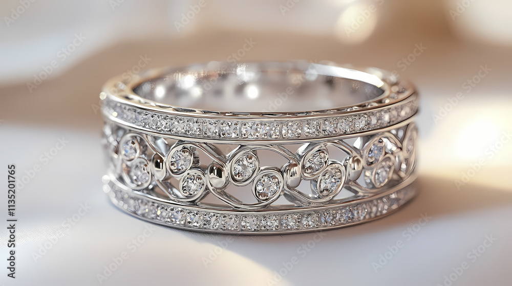 A shimmering silver band adorned with intricate diamond accents, a testament to exquisite craftsmanship and timeless elegance. Timeless. Illustration A shimmering silver band adorned with intricate diamond accents, a testament to exquisite craftsmanship and timeless elegance. Timeless. Illustration