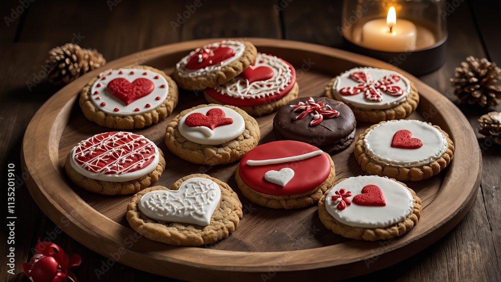 A collection of decorated cookies with heart designs in red, white, and chocolate icing, arranged on a wooden tray for a festive touch.
A collection of decorated cookies with heart designs in red, white, and chocolate icing, arranged on a wooden tray for a festive touch.