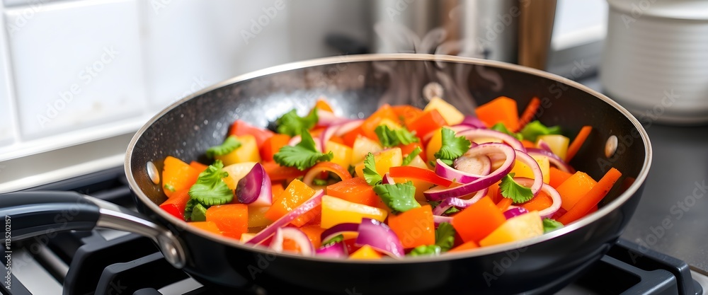 Vibrant vegetables being sautéed in a frying pan. Vibrant vegetables being sautéed in a frying pan.