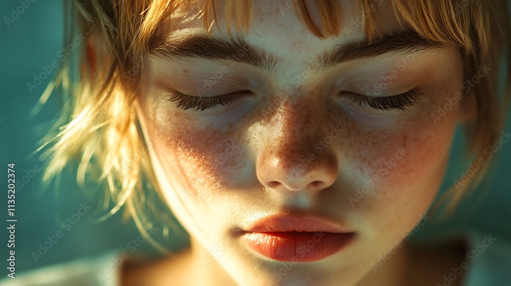 Close-up portrait of a young woman with freckles and closed eyes, sunlit face. Close-up portrait of a young woman with freckles and closed eyes, sunlit face.