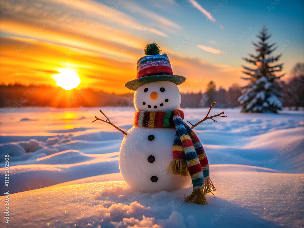 Obraz premium A snowman with a hat and a scarf in sunset