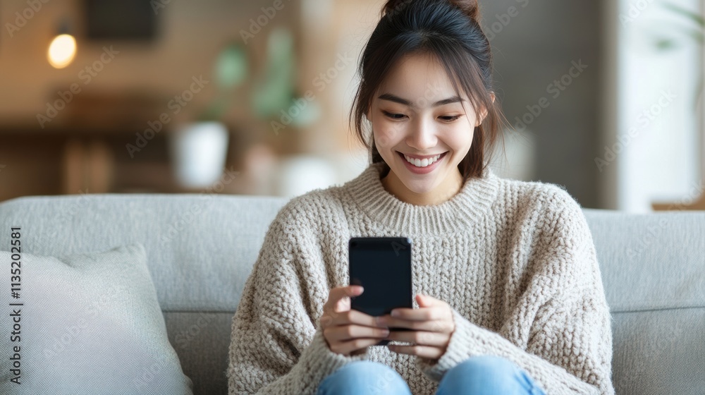 Young Asian woman smiling while using a smartphone at home, sitting on a sofa in the living room with copy space for text Young Asian woman smiling while using a smartphone at home, sitting on a sofa in the living room with copy space for text