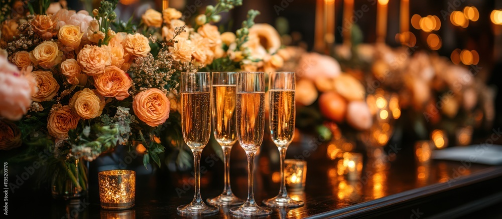 Three champagne flutes sit on a table before a floral arrangement, lit by candlelight. Three champagne flutes sit on a table before a floral arrangement, lit by candlelight.