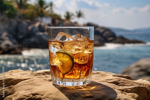Refreshing tropical drink in a glass overlooking the sea on a relaxing beach getaway