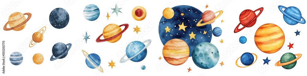 Celestial scene with colorful planets and stars in whimsical style, isolated on transparent background.