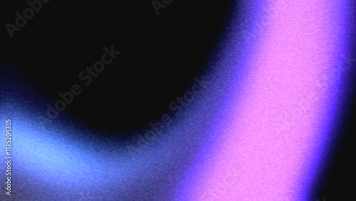 Abstract vibrant gradient flow wave on black background. Analog damage effect. Old camera noise texture. Ultraviolet glow, magenta pink, purple, light blue, bright blue blend. Retro futuristic design
