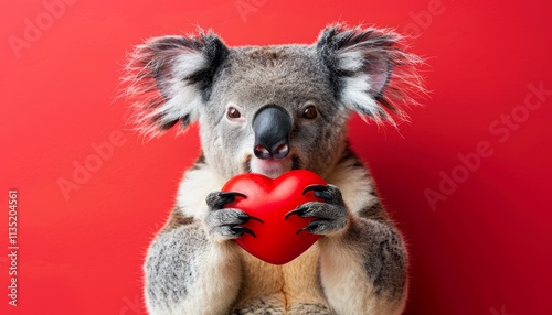 Adorable koala bear embracing a red heart for a fun valentine s day wedding card design photo