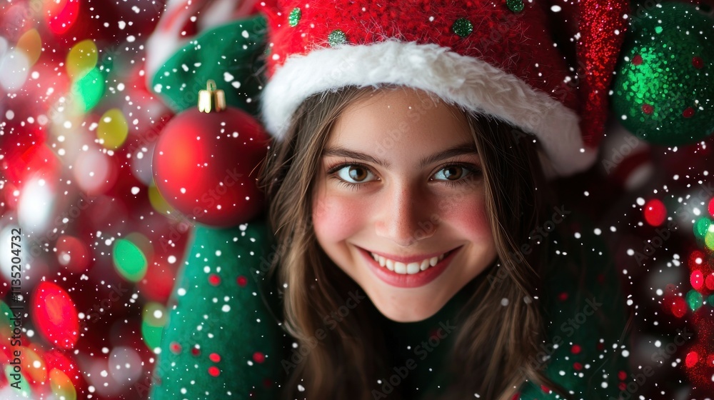 A woman dressed as an elf poses with a candy cane prop. The photo booth features a red-and-green backdrop with Christmas ornaments and fairy lights. A woman dressed as an elf poses with a candy cane prop. The photo booth features a red-and-green backdrop with Christmas ornaments and fairy lights.