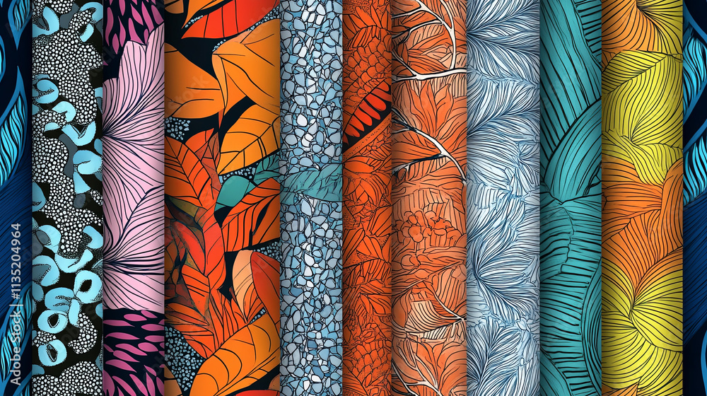 Intricate patterns of leaves and textures in vibrant colors create stunning visual Intricate patterns of leaves and textures in vibrant colors create stunning visual