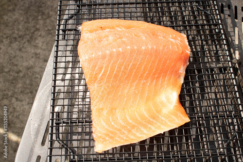 Salmon filet, brined and ready for smoking in the barbeque