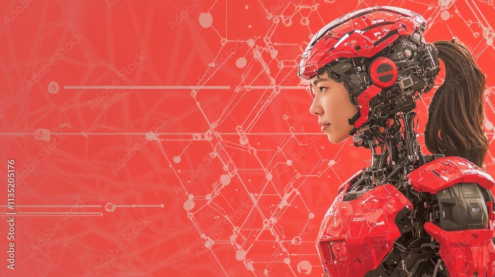 Fototapeta premium A futuristic humanoid robot with a human-like face in a red color scheme.
