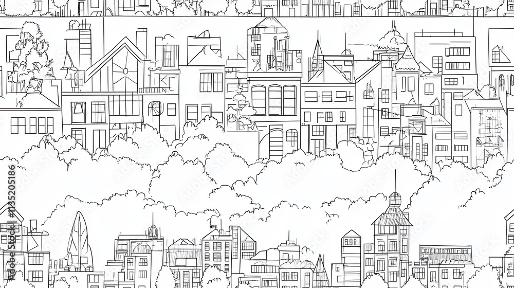 detailed cityscape illustration featuring various buildings and trees, showcasing unique line art style detailed cityscape illustration featuring various buildings and trees, showcasing unique line art style