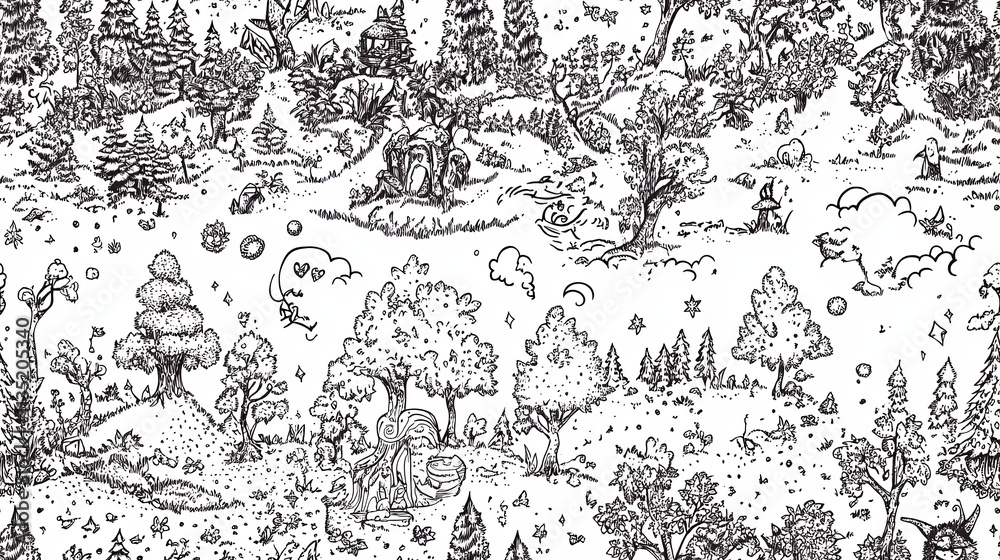 Naklejka premium whimsical black and white fantasy landscape filled with trees, animals, and magical elements