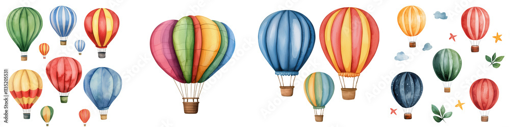 Colorful hot air balloons in whimsical festival setting, surrounded by clouds and leaves, isolated on transparent background. Colorful hot air balloons in whimsical festival setting, surrounded by clouds and leaves, isolated on transparent background.