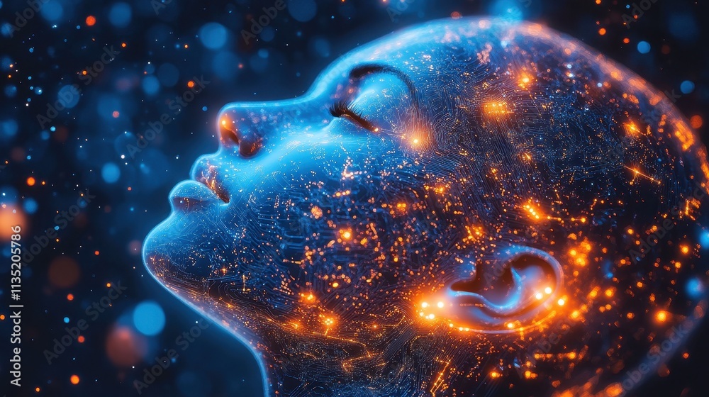 Abstract Digital Portrait Serene AI Face with Glowing Circuitry and Bokeh Lights - Futuristic Technology and Artificial Intelligence Concept Abstract Digital Portrait Serene AI Face with Glowing Circuitry and Bokeh Lights - Futuristic Technology and Artificial Intelligence Concept