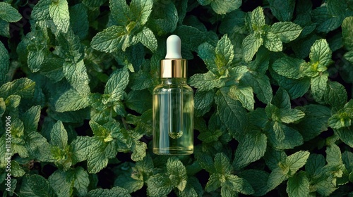 Peppermint essential oil in a bottle. Selective focus. .