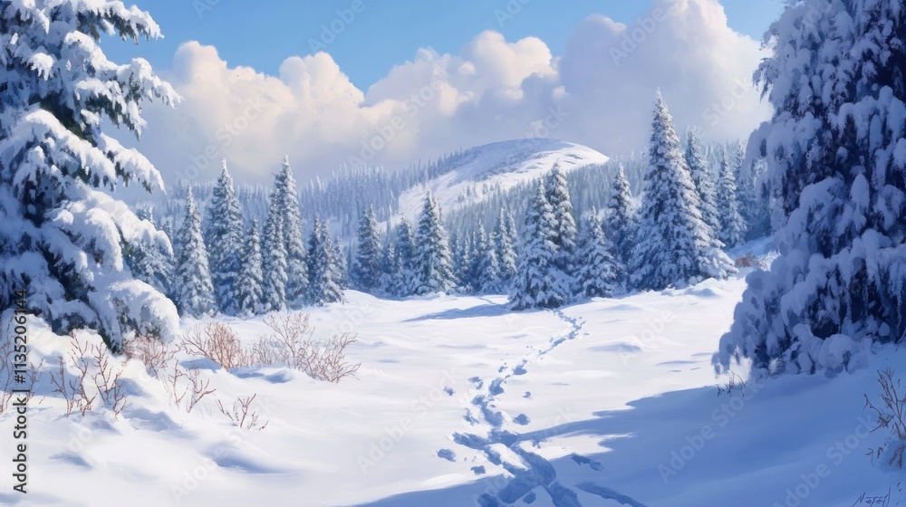 Snowy landscape with evergreen trees and footprints in fresh powder. Snowy landscape with evergreen trees and footprints in fresh powder.