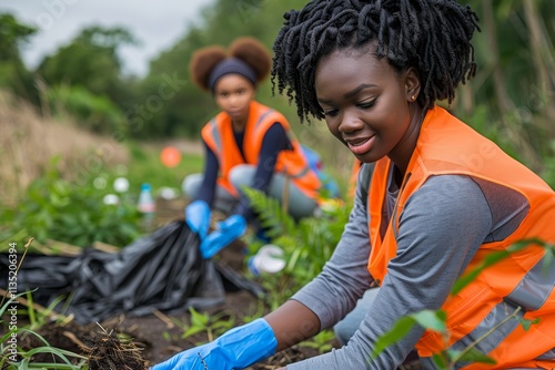 Dedicated environmentalist volunteers collecting litter in a local field for a cleaner ecosystem photo