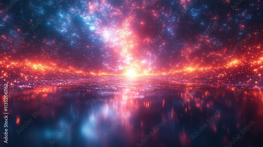 Ethereal Cosmic Landscape with Reflective Water Surface and Glowing Nebulae. Ethereal Cosmic Landscape with Reflective Water Surface and Glowing Nebulae.