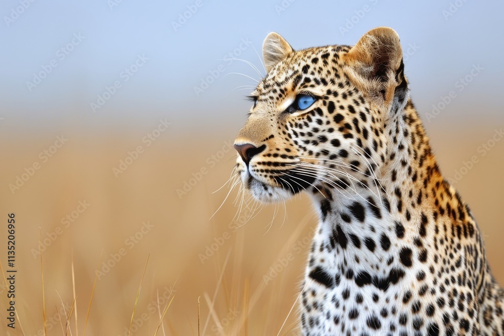 Striking portrait of a leopard against a blurred savannah background showcasing wildlife power Striking portrait of a leopard against a blurred savannah background showcasing wildlife power