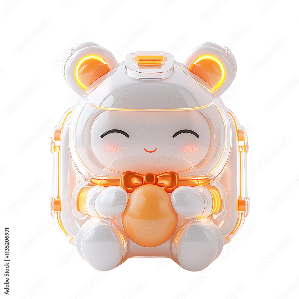 A cute, cartoonish bear-shaped figure with a round body, bright colors, and a friendly smile, holding an orange object in its paws isolated on white background A cute, cartoonish bear-shaped figure with a round body, bright colors, and a friendly smile, holding an orange object in its paws isolated on white background