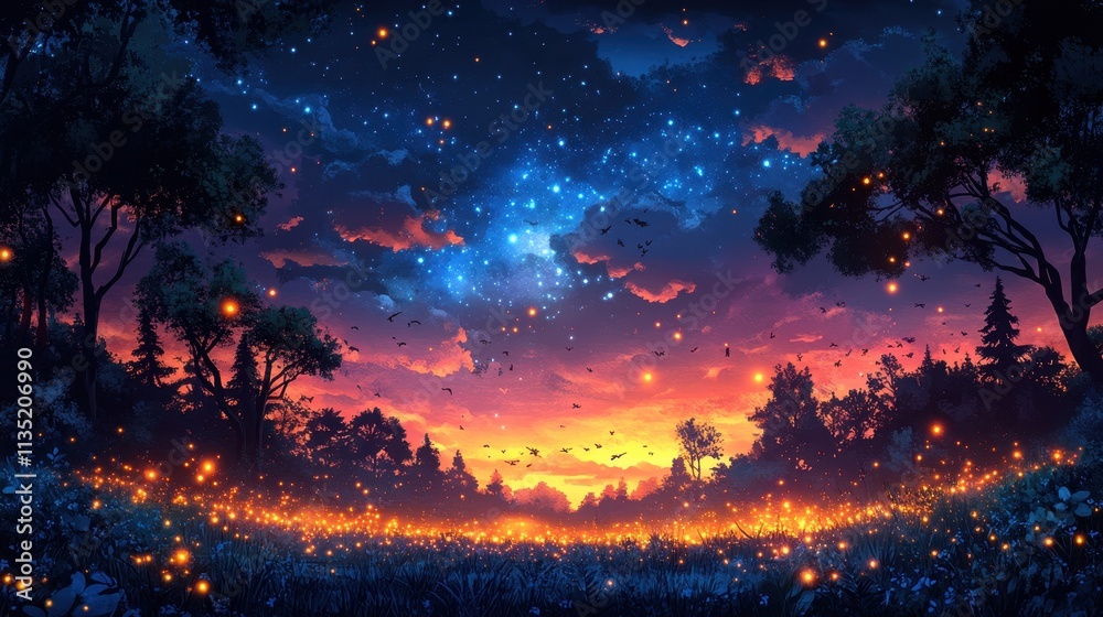 Fototapeta premium Enchanted Twilight Forest A Magical Landscape with Glowing Fireflies and Starry Night Sky.