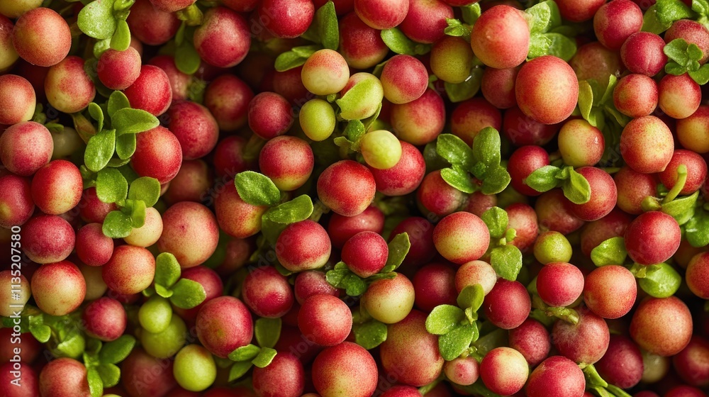 Close-up of fresh, vibrant red and green cranberries with leaves. Close-up of fresh, vibrant red and green cranberries with leaves.