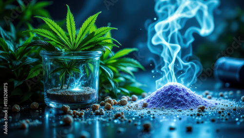 A close-up image featuring a plant with blue smoke emerging from an open bag of purple cannabis buds, suggesting potent potency. photo