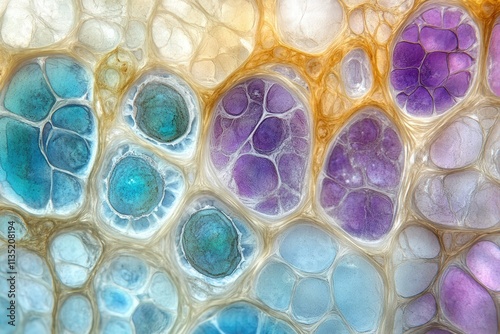Cross-section, woody dicot stem, plant cells, microscopic image, stained cells, clear cell walls, cellular organization photo