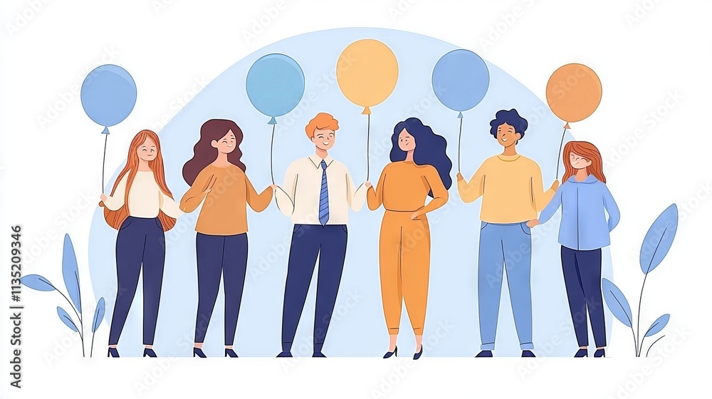 A group of people holding balloons in a cheerful, celebratory setting. A group of people holding balloons in a cheerful, celebratory setting.