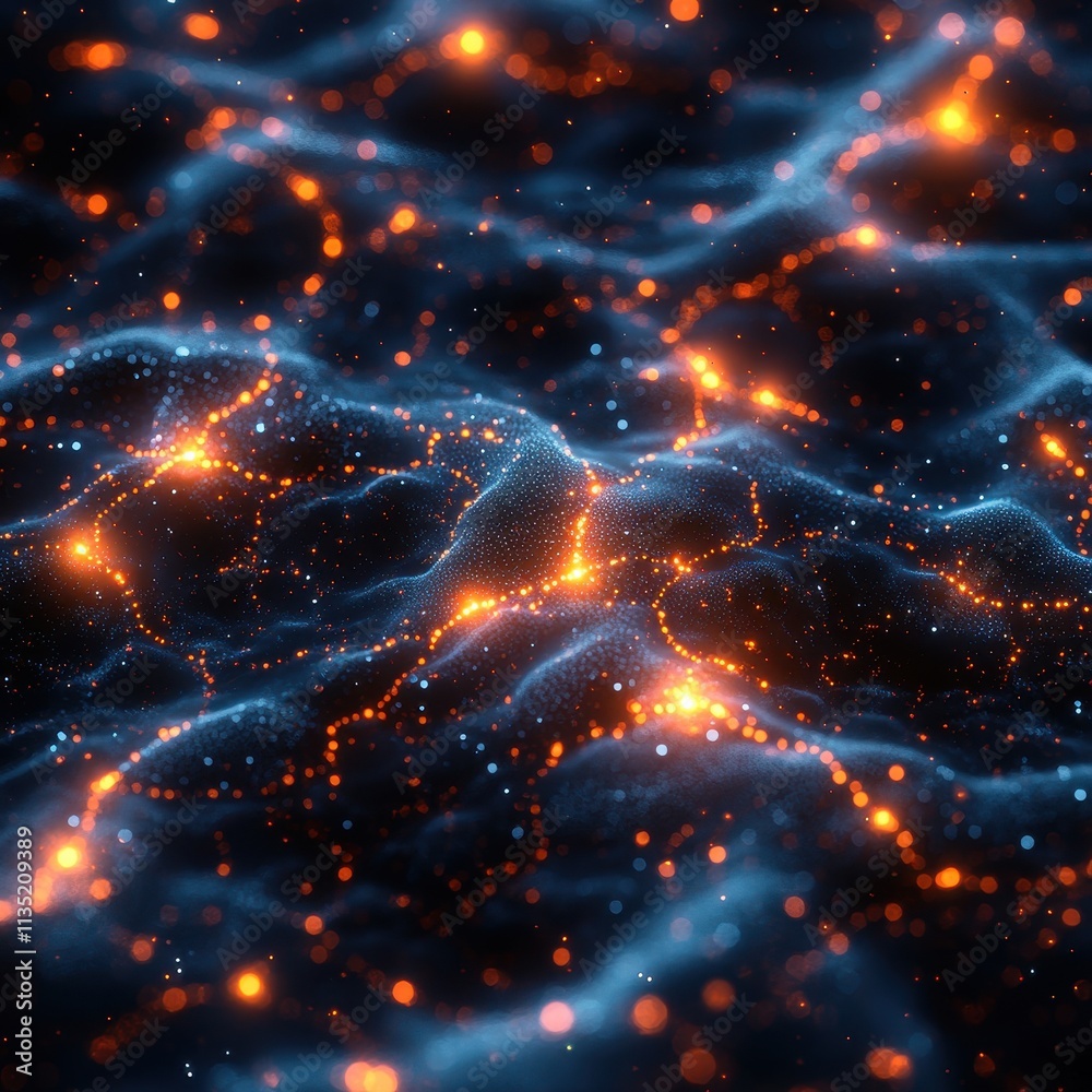 Abstract Dark Energy Field with Glowing Orange Particles and Blue Flowing Light, Futuristic Background. Abstract Dark Energy Field with Glowing Orange Particles and Blue Flowing Light, Futuristic Background.