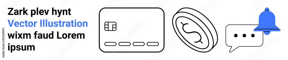 Credit card icon, abstract ear, speech bubble with ellipsis, and blue notification bell. Ideal for financial services, communication, alerts, notifications, hearing aids auditory services Credit card icon, abstract ear, speech bubble with ellipsis, and blue notification bell. Ideal for financial services, communication, alerts, notifications, hearing aids auditory services