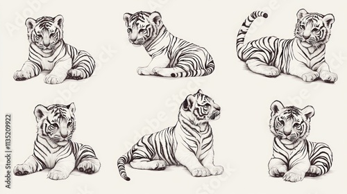 Cute white tiger cubs in various poses.
