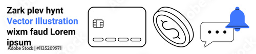 Credit card icon, abstract ear, speech bubble with ellipsis, and blue notification bell. Ideal for financial services, communication, alerts, notifications, hearing aids auditory services
