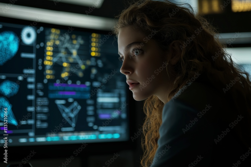 Young female scientist analyzes quantum computing data on large digital screens in a research facility Young female scientist analyzes quantum computing data on large digital screens in a research facility