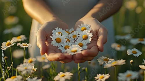Woman holding daisies in her hands in a field. Selective focus.