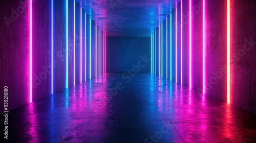 Sci-fi 3D environment, dark empty space, blue and purple neon lights, glowing lines and shapes, futuristic architecture photo