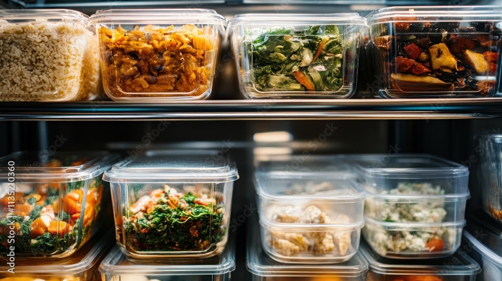 Prepared food containers in a refrigerated display case. Prepared food containers in a refrigerated display case.