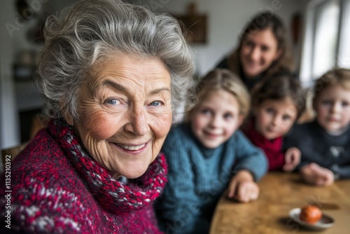 Family gathering around an elderly matriarch in a bright dining room, showcasing love and connection among generations