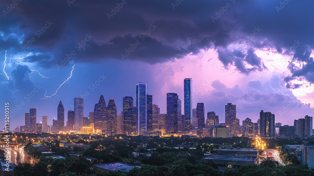 Fototapeta premium Dramatic lightning storm over city skyline at night.