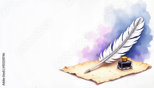 Vintage quill pen and parchment with purple watercolor backdrop with copy space