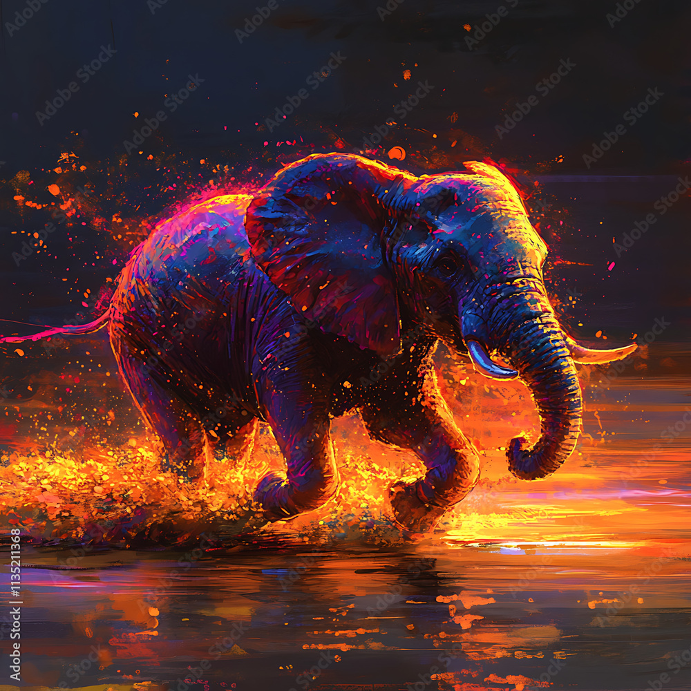 Obraz premium Dynamic and Colorful Depiction of Wildlife in Motion Featuring an Elephant in a Vibrant Environment with Rich Colors and Energetic Composition
