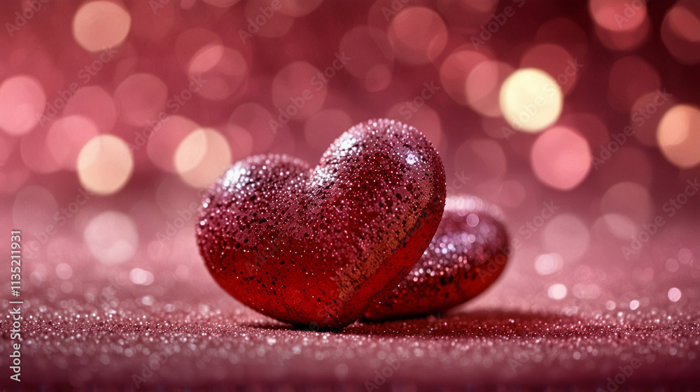 Fototapeta premium two glittering red hearts placed side by side
