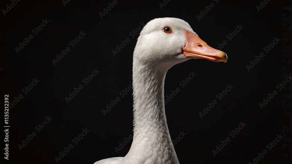 Single white goose isolated on black background standing right